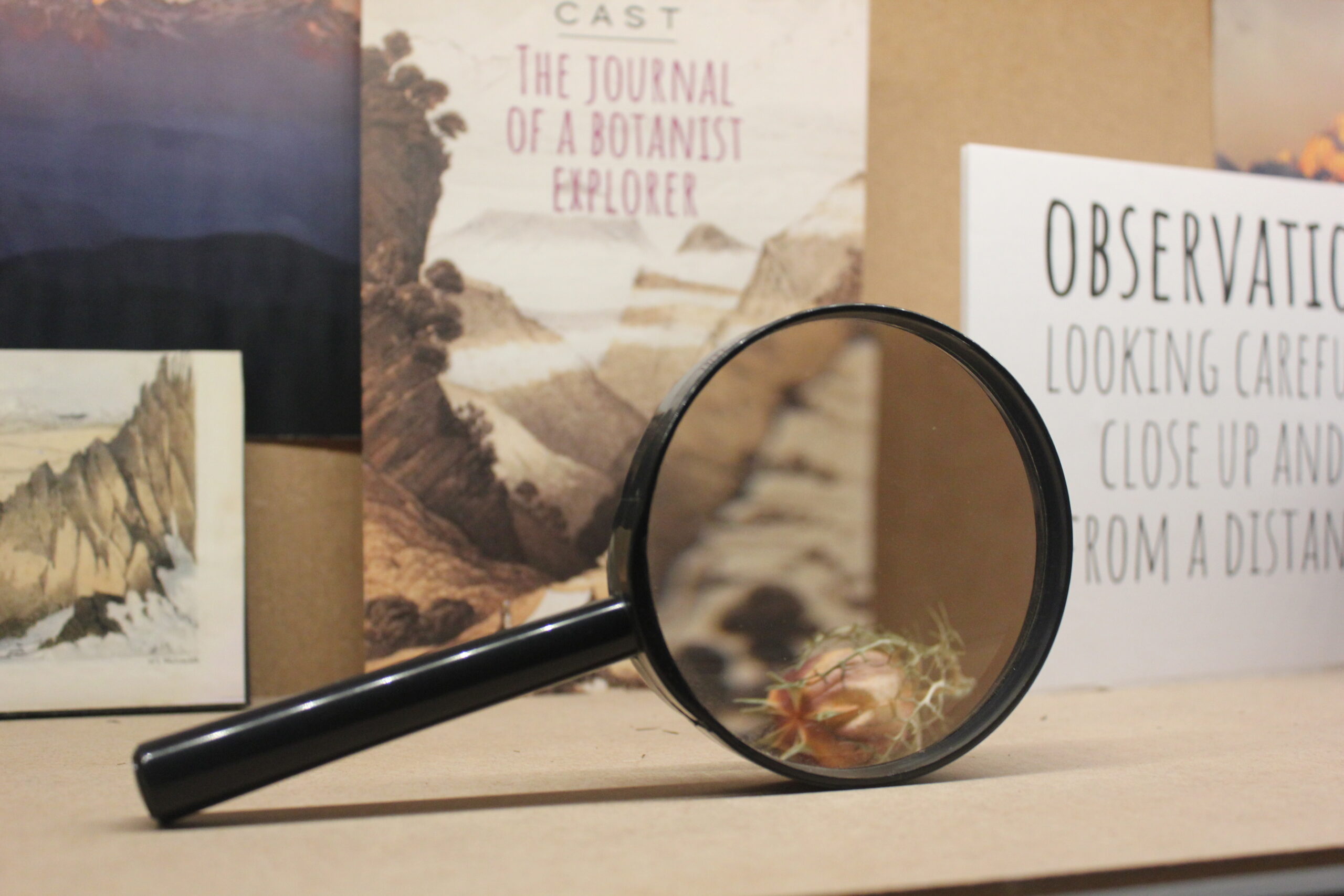 A magnifying glass sits propped up on its side in front of some posters