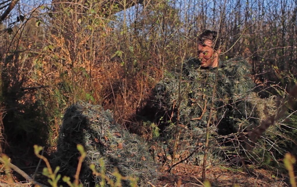 Image: Adam Chodzko in ghillie suit for video work in progress, April 2020
