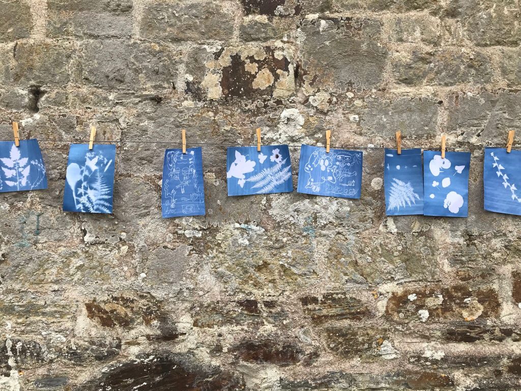 Cyanotypes hung to dry on a wall