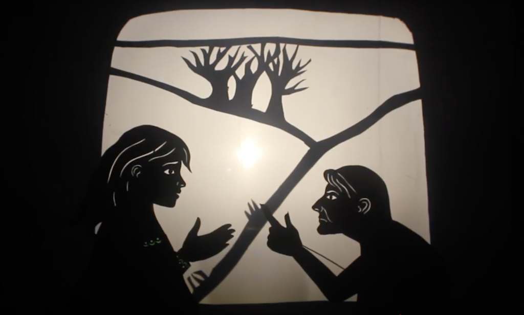 Shadow puppets: two figures and three trees
